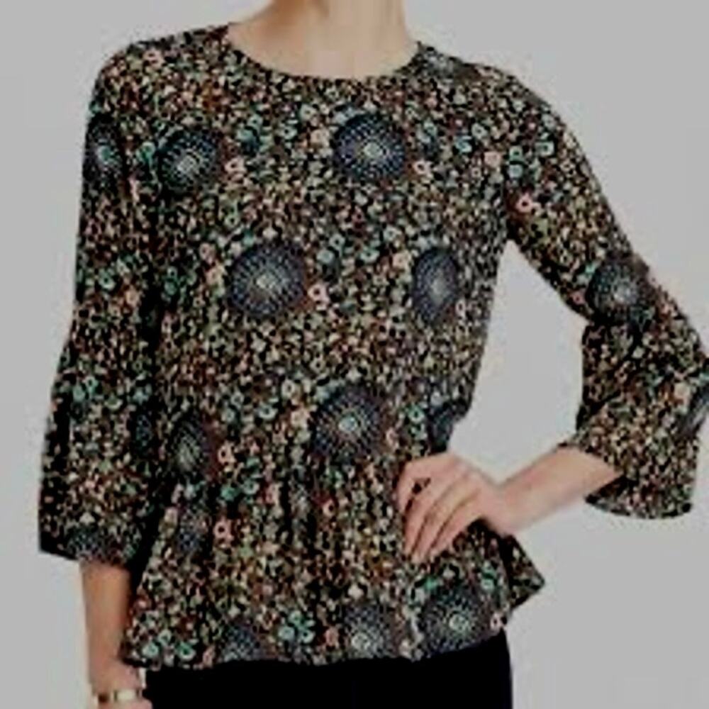 J.Crew Women's Floral Boho Bell Sleeve Peplum Top Sz L Navy Pink Casual Holidays